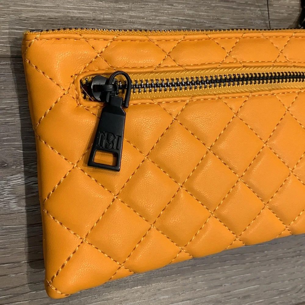 LMT: Badgley Mischka Quilted Logo Wristlet Pouch in Yellow Gold